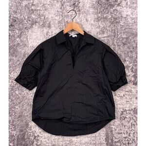 AYR Top Small Womens Black Poplin Short Puff Sleeve Popover Blouse